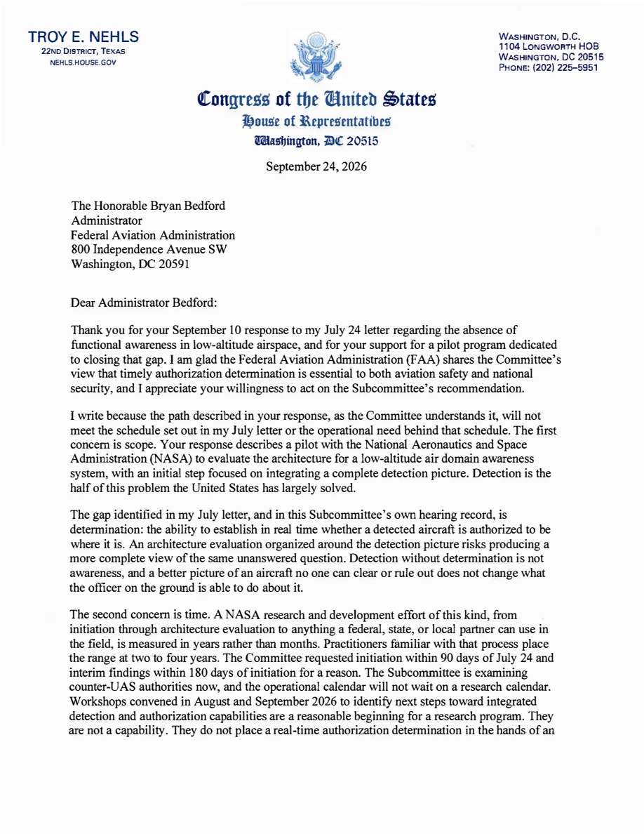 Full first page of Chairman Nehls's September 24, 2026 letter to FAA Administrator Bryan Bedford