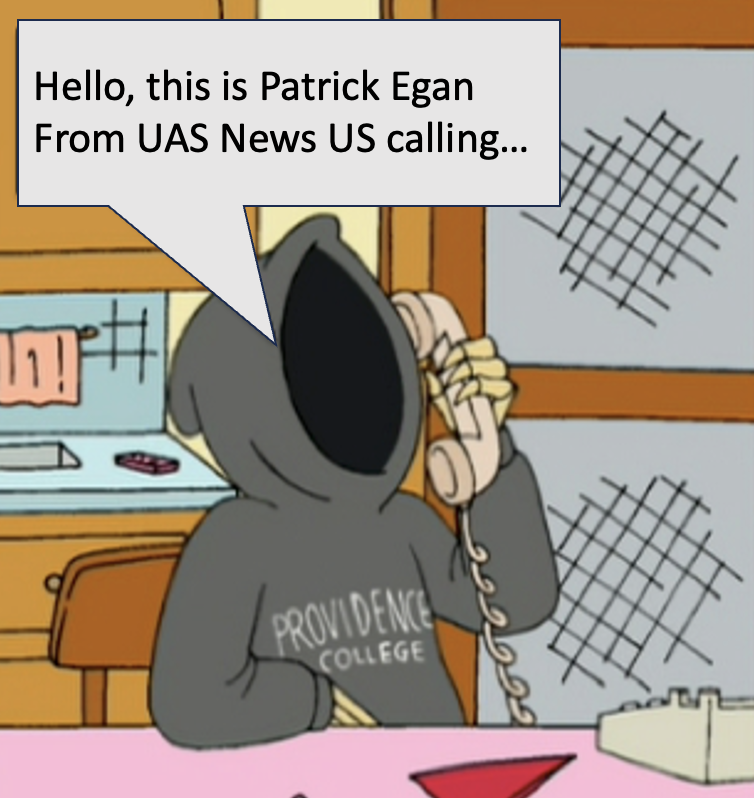 Illustration of a character with a phone and a UAS News US speech bubble