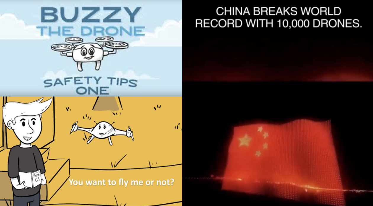 Buzzy the Drone safety-tips stills beside the China 10,000-drone world-record light show