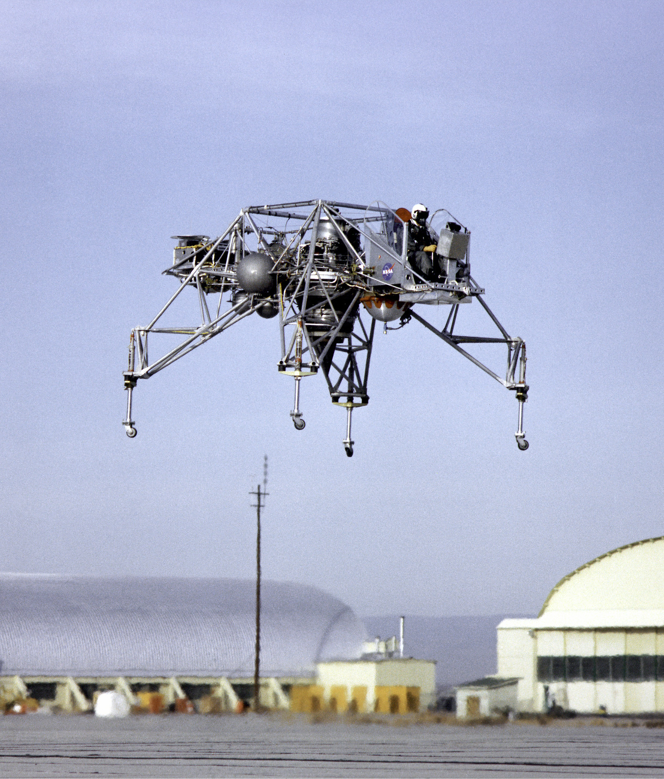 NASA Lunar Landing Research Vehicle No. 1 hovering above Edwards Air Force Base in 1964